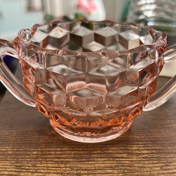 1930's Pink Depression Glass Cubist Jeanette Mid Century MCM Sugar Creamer - Picture 3 of 7